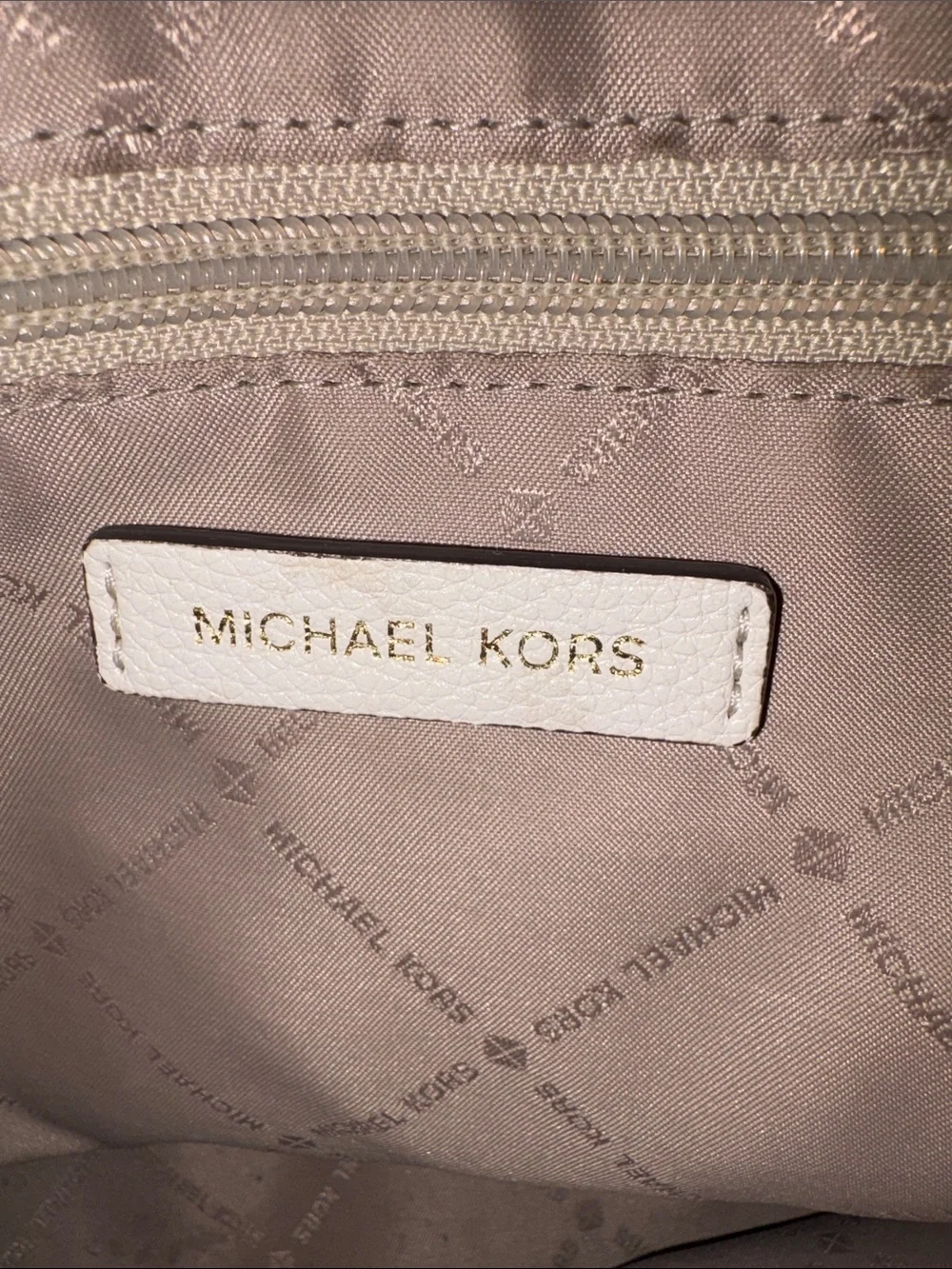 Authentic Michael Kors Cream-Beige MK Logo Shoulder Tote with Gold Accents